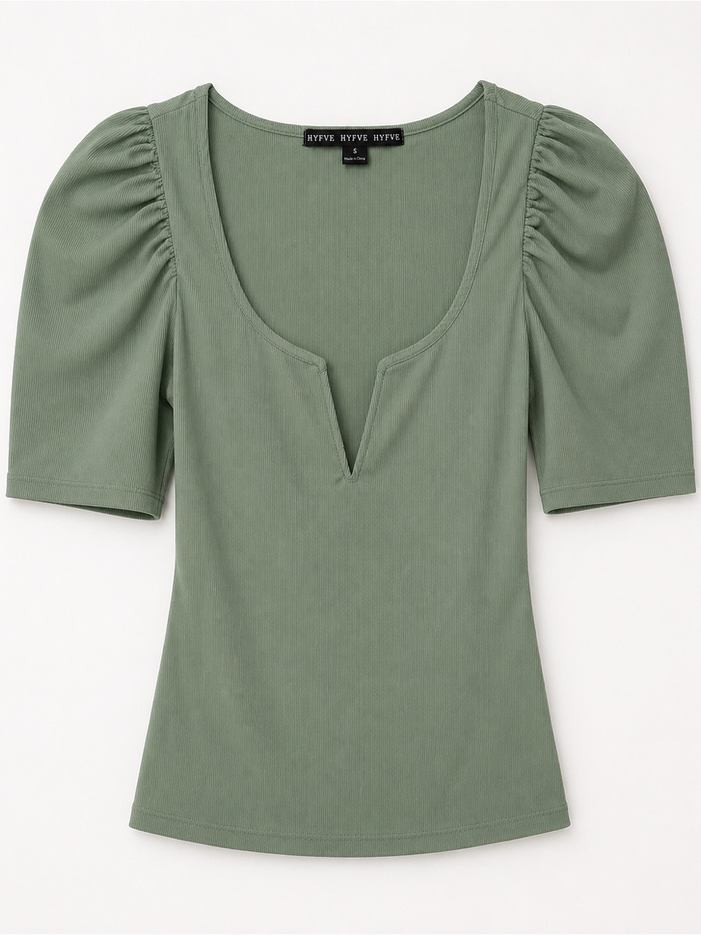 Woman’s HYFVE Sage Green Textured Ribbed Puff Sleeve Notch-Neck Top